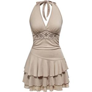 imageWomens Halter Cowgirl Vintage Mini Dress Embroidery Tie Back Sleeveless Ruched Tiered Layer A Line DressesKhaki