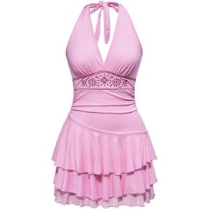 imageWomens Halter Cowgirl Vintage Mini Dress Embroidery Tie Back Sleeveless Ruched Tiered Layer A Line DressesPink