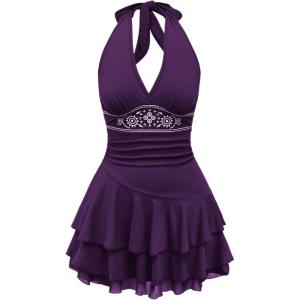 imageWomens Halter Cowgirl Vintage Mini Dress Embroidery Tie Back Sleeveless Ruched Tiered Layer A Line DressesPurple