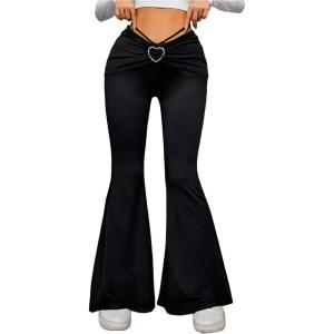 imageWomens Heart Ring Tie Back Flared Leggings Glitter Ruched Long Bell Bottoms Y2K PantsBlack