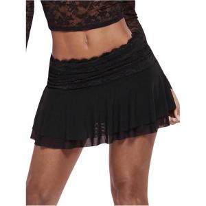 imageWomens Lace Mesh Y2K Going Out Skirts Layered Ruched Ruffle Low Waist Mini Skirt Coquette Streetwear Skirt SkortBlack