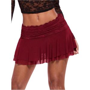 imageWomens Lace Mesh Y2K Going Out Skirts Layered Ruched Ruffle Low Waist Mini Skirt Coquette Streetwear Skirt SkortBurgundy