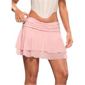 imageWomens Lace Mesh Y2K Going Out Skirts Layered Ruched Ruffle Low Waist Mini Skirt Coquette Streetwear Skirt SkortLight Pink