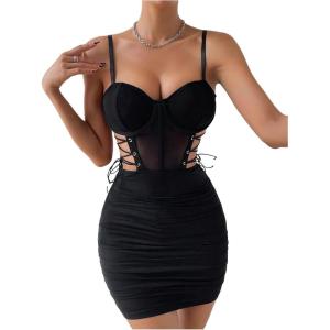 imageWomens Lace Up Cut Out Sheer Bodycon Dress Spaghetti Strap Ruched Bustier Pencil Mini DressesBlack
