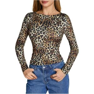 imageWomens Long Sleeve Leopard Print T Shirts Boat Neck Slim Fit Tee Shirts StreetwearLight Brown