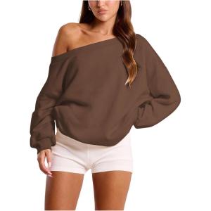 imageWomens Off The Shoulder Sweatshirt Long Sleeve Drop Shoulder Oversized Pullover Tops Fall OutfitsBrown