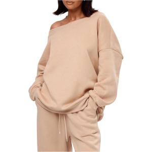 imageWomens Off The Shoulder Sweatshirt Long Sleeve Drop Shoulder Oversized Pullover Tops Fall OutfitsPure Apricot