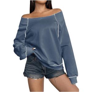 imageWomens Off The Shoulder Sweatshirts Long Sleeve Pullover Tops Trendy Y2k Fall TopsBlue