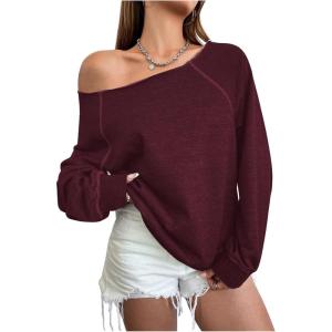 imageWomens Off The Shoulder Sweatshirts Long Sleeve Pullover Tops Trendy Y2k Fall TopsDeep Burgundy