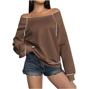 imageWomens Off The Shoulder Sweatshirts Long Sleeve Pullover Tops Trendy Y2k Fall TopsPure Brown