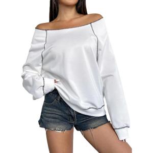 imageWomens Off The Shoulder Sweatshirts Long Sleeve Pullover Tops Trendy Y2k Fall TopsWhite