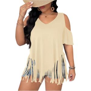 imageWomens Plus Size Fringe Hem V Neck Tops Short Sleeve Cold Shoulder T Shirts TopApricot