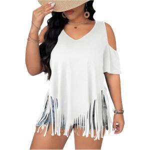 imageWomens Plus Size Fringe Hem V Neck Tops Short Sleeve Cold Shoulder T Shirts TopBeige