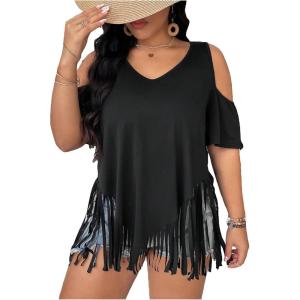 imageWomens Plus Size Fringe Hem V Neck Tops Short Sleeve Cold Shoulder T Shirts TopBlack