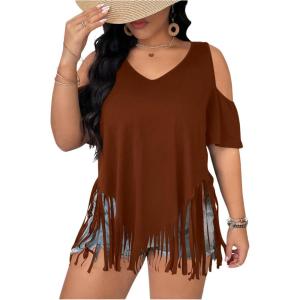 imageWomens Plus Size Fringe Hem V Neck Tops Short Sleeve Cold Shoulder T Shirts TopBrown
