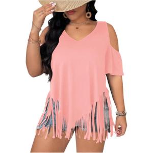 imageWomens Plus Size Fringe Hem V Neck Tops Short Sleeve Cold Shoulder T Shirts TopLight Pink
