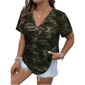 imageWomens Plus Size Tops Short Sleeve Camo Tee Loose Fit Half Button V Neck Tees ShirtsGreen