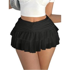 imageWomens Ruffle Ruched Skirts Tiered Layer Elastic Streetwear Mini Skirt Y2K Coquette Low Waist Flared Short SkirtsBlack