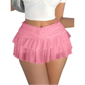 imageWomens Ruffle Ruched Skirts Tiered Layer Elastic Streetwear Mini Skirt Y2K Coquette Low Waist Flared Short SkirtsLight Pink
