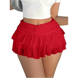 imageWomens Ruffle Ruched Skirts Tiered Layer Elastic Streetwear Mini Skirt Y2K Coquette Low Waist Flared Short SkirtsRed