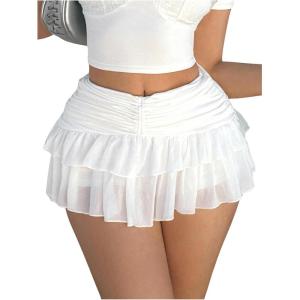 imageWomens Ruffle Ruched Skirts Tiered Layer Elastic Streetwear Mini Skirt Y2K Coquette Low Waist Flared Short SkirtsWhite