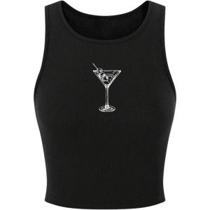 imageWomens Sleeveless Ribbed Knit Tank Top Graphic Print Crew Neck Tee Shirt Casual Slim Fit Crop TopsBlack