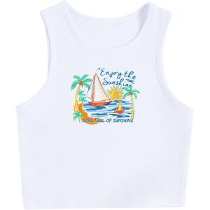 imageWomens Sleeveless Ribbed Knit Tank Top Graphic Print Crew Neck Tee Shirt Casual Slim Fit Crop TopsBoat White