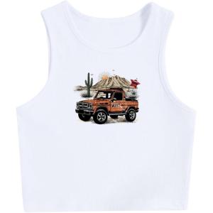imageWomens Sleeveless Ribbed Knit Tank Top Graphic Print Crew Neck Tee Shirt Casual Slim Fit Crop TopsCar White