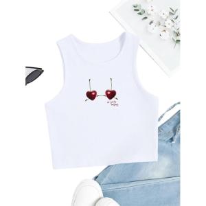 imageWomens Sleeveless Ribbed Knit Tank Top Graphic Print Crew Neck Tee Shirt Casual Slim Fit Crop TopsCherry White