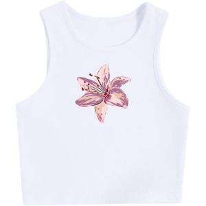 imageWomens Sleeveless Ribbed Knit Tank Top Graphic Print Crew Neck Tee Shirt Casual Slim Fit Crop TopsFloral White