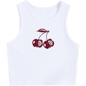 imageWomens Sleeveless Ribbed Knit Tank Top Graphic Print Crew Neck Tee Shirt Casual Slim Fit Crop TopsNumber White