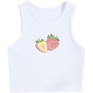imageWomens Sleeveless Ribbed Knit Tank Top Graphic Print Crew Neck Tee Shirt Casual Slim Fit Crop TopsStrawberry White