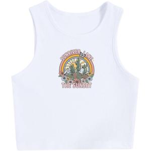 imageWomens Sleeveless Ribbed Knit Tank Top Graphic Print Crew Neck Tee Shirt Casual Slim Fit Crop TopsSunset White