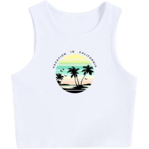 imageWomens Sleeveless Ribbed Knit Tank Top Graphic Print Crew Neck Tee Shirt Casual Slim Fit Crop TopsTree White