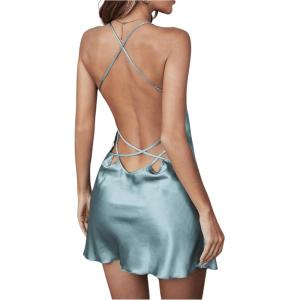 imageWomens Spaghetti Strap Backless Silk Nightgown Criss Cross Satin Slip Dress Soft Mini Sleep DressDusty Blue