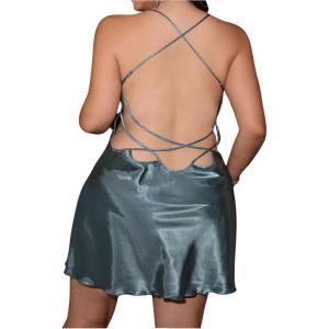 imageWomens Spaghetti Strap Backless Silk Nightgown Criss Cross Satin Slip Dress Soft Mini Sleep DressGreen Blue