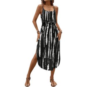 imageWomens Spaghetti Strap Tie Dye Cami Dress Scoop Neck Split Thigh Midi Dresses Knot Front Sun DressesBlack