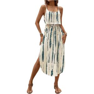 imageWomens Spaghetti Strap Tie Dye Cami Dress Scoop Neck Split Thigh Midi Dresses Knot Front Sun DressesBlue