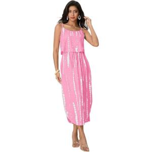 imageWomens Spaghetti Strap Tie Dye Cami Dress Scoop Neck Split Thigh Midi Dresses Knot Front Sun DressesPink