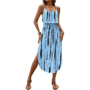 imageWomens Spaghetti Strap Tie Dye Cami Dress Scoop Neck Split Thigh Midi Dresses Knot Front Sun DressesSky Blue