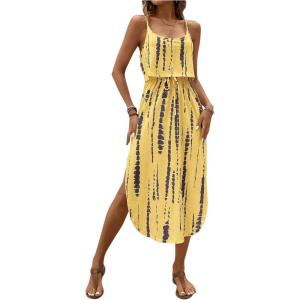 imageWomens Spaghetti Strap Tie Dye Cami Dress Scoop Neck Split Thigh Midi Dresses Knot Front Sun DressesYellow