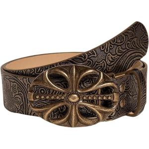 imageWomens Vintage Floral Embossed Leather Belt Cowgirl Western Buckle Waist BeltsBrown