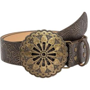 imageWomens Vintage Floral Embossed Leather Belt Cowgirl Western Buckle Waist BeltsPlain Brown