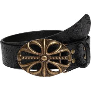 imageWomens Vintage Floral Embossed Leather Belt Cowgirl Western Buckle Waist BeltsPure Black
