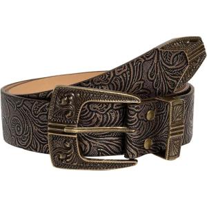 imageWomens Vintage Floral Embossed Leather Belt Cowgirl Western Buckle Waist BeltsPure Brown