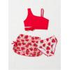 imageGirls 3 Piece Bathing Suit Asymmetrical Neck Cut Out Wireless Swimsuit with Graphic Cover Up SkirtsRed