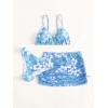 imageGirls 3 Piece Floral Bikini Set Swimsuit Cute Bathing Suit with Ruched Drawstring Beach Skirt Cover UpBlue