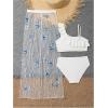 imageGirls 3 Piece High Waisted Bikini Sets Ruffle Cold Shoulder Swimsuit Sheer Appliques Cover Up PantsWhite