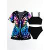 imageGirls 3 Pieces High Waisted Bikini Set Graphic Butterfly Swimsuit with Kimono Beach Cover UpBlack