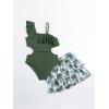 imageGirls Bathing Suit Ruffle Asymmetrical Neck Cut Out Swimsuit and Tropical Tiered Beach Skirts Cover UpArmy Green